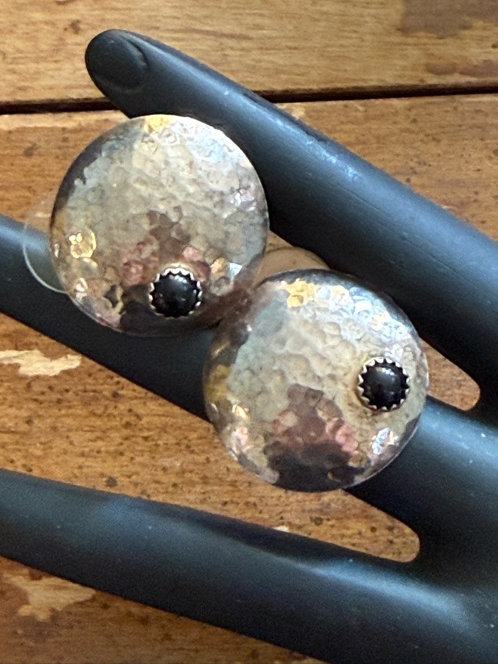 Hammered Silver Saucer Artisan Earrings w/ Black Onyx Cabochan Post Backings